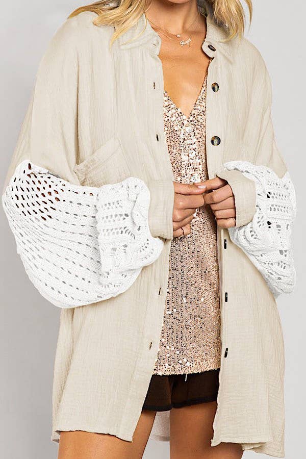 Crochet button down top: L / Beige